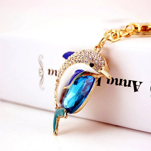Cute Dolphin Keychain Sparkling Rhinestone Faceted Crystal Zinc Alloy Bag Pendant Gold Plated Animal Gift For Women
