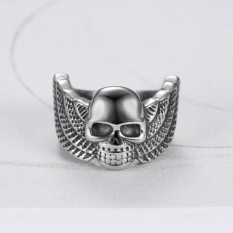 Skull Head Ring With Wings Stainless Steel Gothic Punk Rock Biker Jewelry For Men