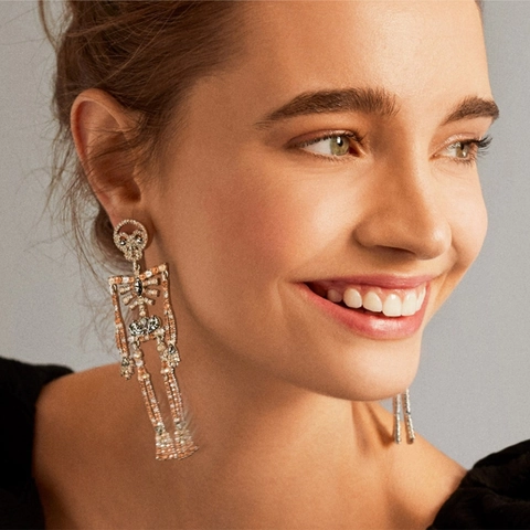 Boucles D'oreilles Pendantes Squelette Crâne Alliage Strass Gothique Punk Étincelant Surdimensionné Pour Femmes Halloween