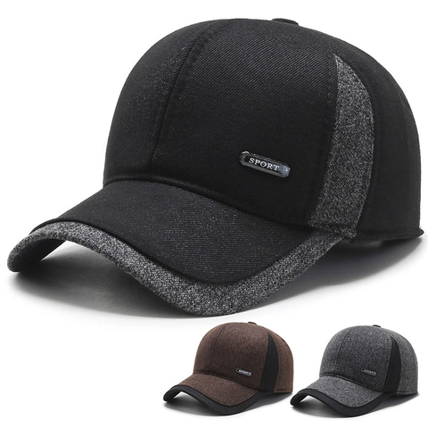 Berretto Da Baseball Invernale Uomo Paraorecchie Caldo Spesso Lana Patchwork Cappello Metallo Sport Decor Regolabile Per Anziani