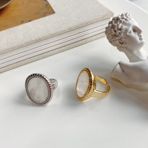 Anillo De Plata De Ley 925 Con Madreperla Ovalada Vintage Minimalista Joyería Abierta Ajustable Para Mujeres