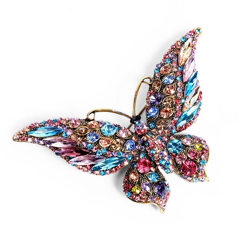 Elegant Butterfly Brooch Vintage Alloy Colorful Rhinestone Crystal Animal Pin Jewelry For Women Coat Accessories