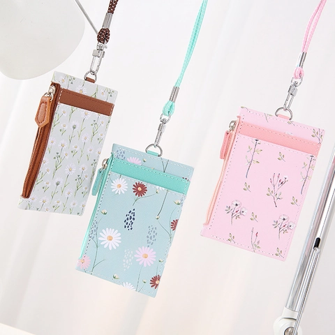 Floral PU Leather ID Badge Card Holder With Lanyard Zipper Coin Pocket For Students Office Workers Cartoon Pattern Wallet