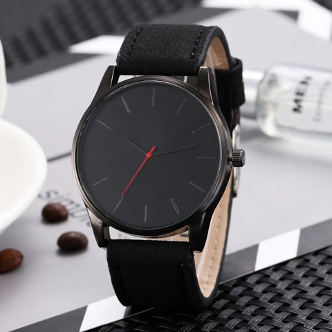 Men Quartz Watch Minimalist Large Dial Alloy Case Suede Leather Strap Red Second Hand Business Casual Fashion Wristwatch