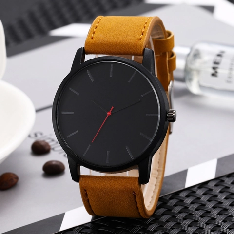 Men Quartz Watch Minimalist Large Dial Red Pointer Casual Sport PU Leather Strap Alloy Case