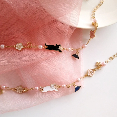 Japanese Style Cute Cat And Cherry Blossom Bracelet With Pink Imitation Artificial Pearl Alloy Enamel Fuji Mountain Charms For Women