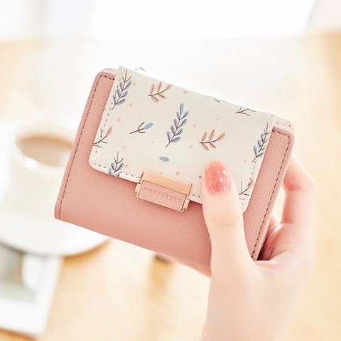 Kleine Dames Portemonnee PU Leer Bloemenprint Opvouwbare Portefeuille Met Rits Muntvak Kaartsleuven Schattig Elegant