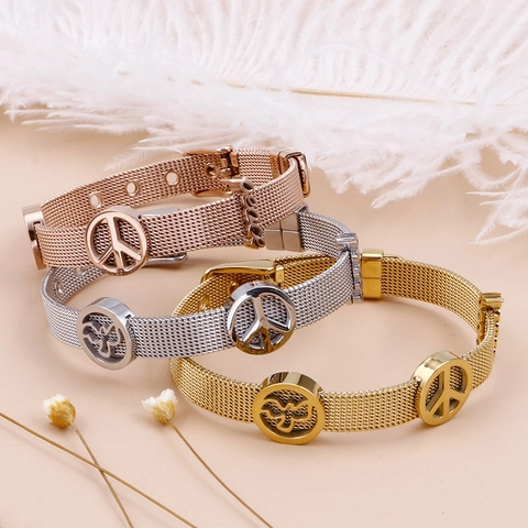 Bracelet En Maille D'acier Inoxydable Boucle De Style Montre Ajustable Breloques Signe De Paix Oiseau Bijoux Tendances