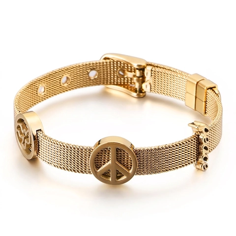 Pulsera De Malla De Acero Inoxidable Hebilla Ajustable Estilo Reloj Amuletos Signo De Paz Pájaro Joyería De Moda
