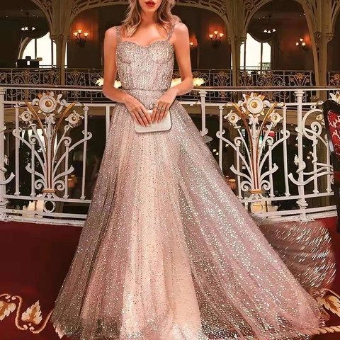 Women Sexy Sleeveless Sequin Mesh Evening Dress Champagne Gold Sling Maxi Party Wedding Gown Elegant Big Swing Luxury
