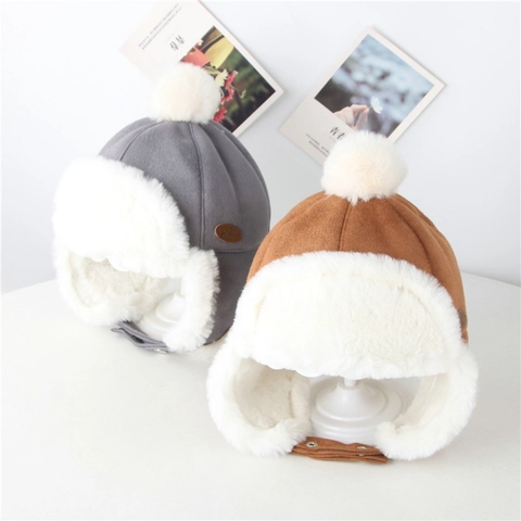 Kids Winter Trapper Hat Faux Suede Warm Fleece Lining Ear Flaps Aviator Cap With Pom Pom For Toddler Boys Girls