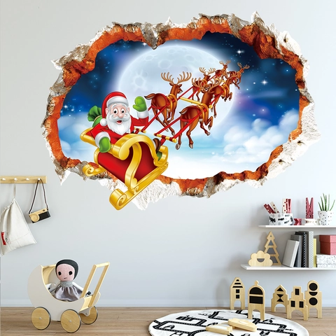 Pegatina de Pared 3D Navidad Papá Noel Trineo de Renos Efecto Pared Rota PVC Removible para Decoración de Habitación Infantil
