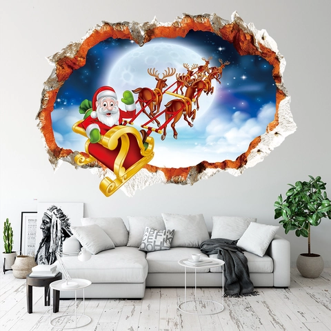 Pegatina de Pared 3D Navidad Papá Noel Trineo de Renos Efecto Pared Rota PVC Removible para Decoración de Habitación Infantil