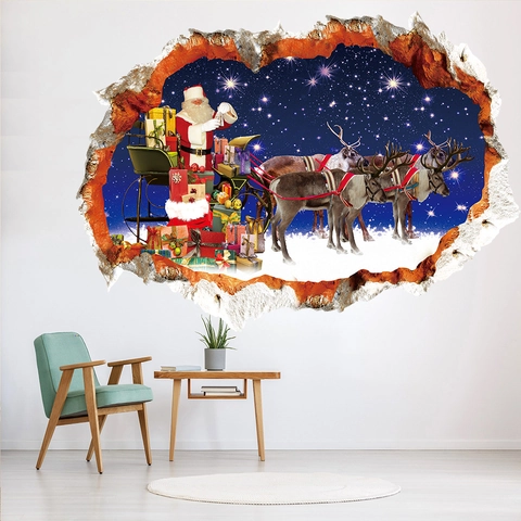 3D Broken Wall Christmas Santa Claus Sleigh Reindeer Wall Sticker PVC Waterproof Removable Decal For Living Room Decor
