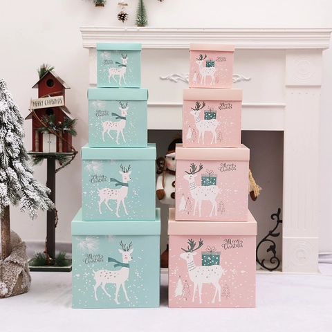 Christmas Gift Boxes Reindeer Pattern Paper Square Holiday Decorations Mall Window Display Festive Ornaments