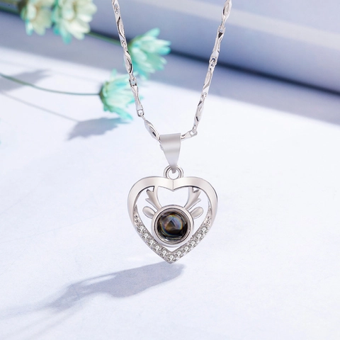 Heart Antler Pendant Necklace Copper Multi Language I Love You Projection Stone Zircon Romantic Valentine Gift For Women