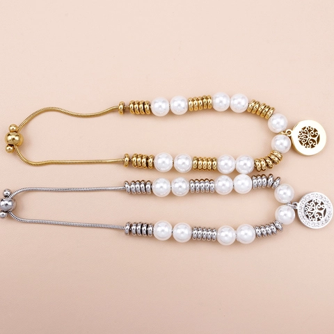 Tree Of Life Pendant Bracelet Stainless Steel Faux Artificial Pearl Rhinestone Adjustable Slider Snake Chain Elegant Jewelry For Women