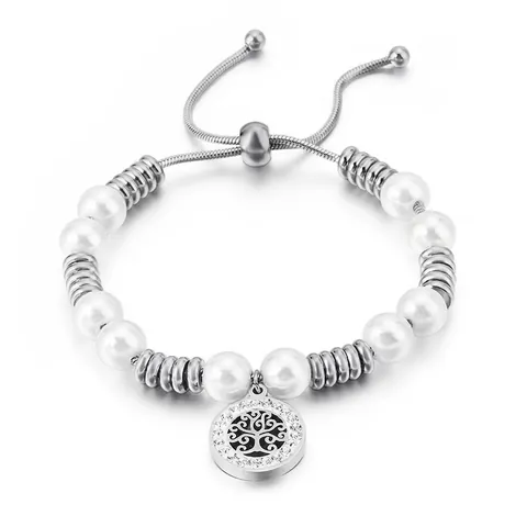Tree Of Life Pendant Bracelet Stainless Steel Faux Artificial Pearl Rhinestone Adjustable Slider Snake Chain Elegant Jewelry For Women