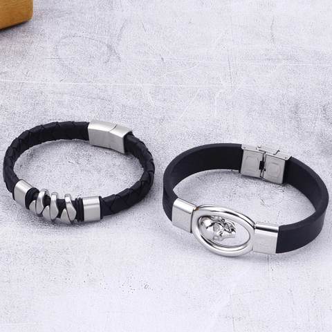 Pulsera De Cuero Genuino Trenzado Para Hombre Con Calavera De Acero Inoxidable Estilo Punk Rock Biker Accesorio