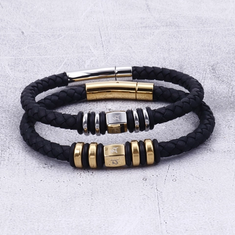 Bracciale In Vera Pelle Intrecciata Da Uomo Punk Retrò Con Chiusura Magnetica In Acciaio Inossidabile 316L Inciso Mantra