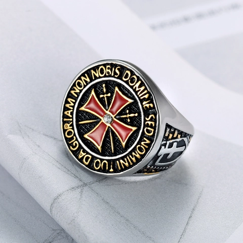 Anillo Sigillo Croce Templare Acciaio Inossidabile Smalto Rosso Iscritto Vintage Biker Per Uomo