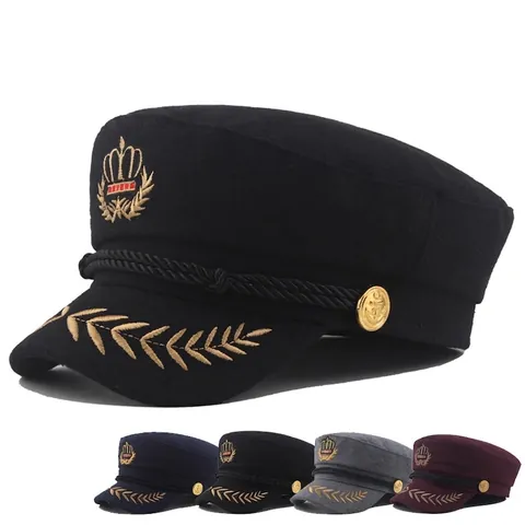 Military Style Sailor Captain Hat Woolen Blend Flat Top Cap With Crown Wheat Embroidery For Unisex Adults
