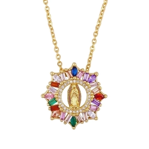 Collier Pendentif Religieux Croix Vierge Marie Cuivre Plaqué Or 18K Avec Zircon Coloré Bijoux Vintage Pour Femmes