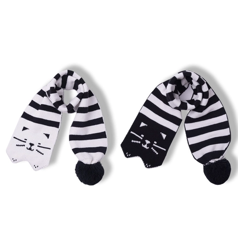 Cartoon Cat Knit Scarf And Hat Winter Warm Black White Striped Pom Pom Toddler Baby Clothing Accessories