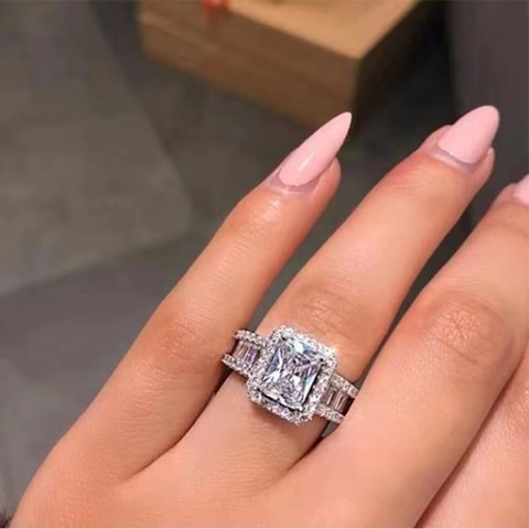 Emerald Cut Zircon Ring For Women Luxury Copper Finger Jewelry With Halo Setting And Side Stones Silver Color