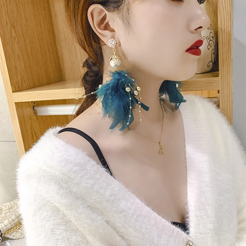 Pendientes Largos De Gota Con Borlas De Plumas Bohemio Cristal Perla Artificial De Imitación Aleación Con Poste De Plata Para Mujeres