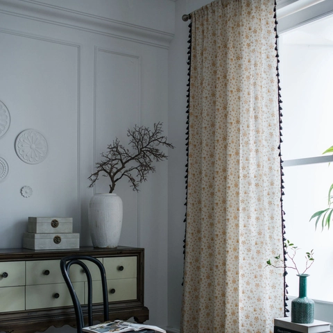 Cotton Linen Window Curtain White Gold Stamping Pattern Black Tassels Semi Blackout American Style Drapes