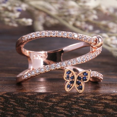 Butterfly Ring Copper Micro Pave Cubic Zirconia Multi Layer Winding Crossed Finger Jewelry Rose Gold Elegant For Women