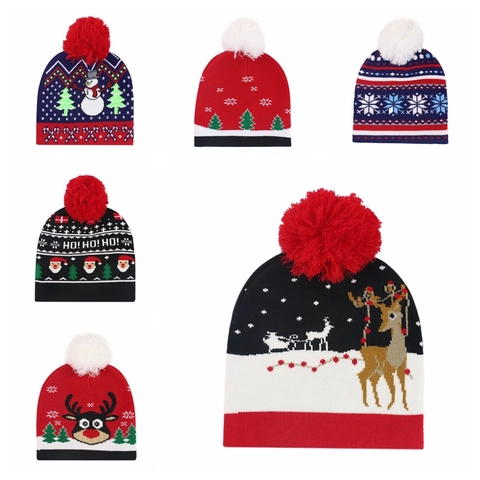 Bonnet en Tricot de Noël pour Hommes Femmes Hiver Chaud Bonnet Jacquard en Acrylique Avec Pompon Bonhomme de Neige Renne Flocon