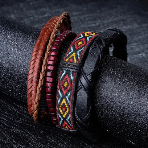 Pulsera De Cuero Hecha A Mano Multicapa Cuentas De Madera Tejida Bohemia Vintage Joyería Étnica