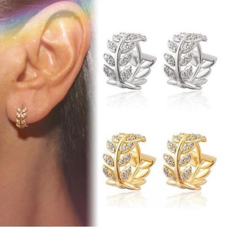 Blad Hoop Oorbellen Koper Met Zirkoon Tarwe Spike Ontwerp Zinklegering Pin Sprankelende Sieraden Accessoires Dames Stijl