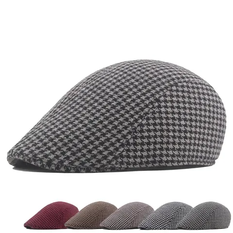 Houndstooth Newsboy Cap Cotton Polyester British Retro Ivy Flat Hat Warm Short Brim Autumn Winter Casual Fashion Headwear