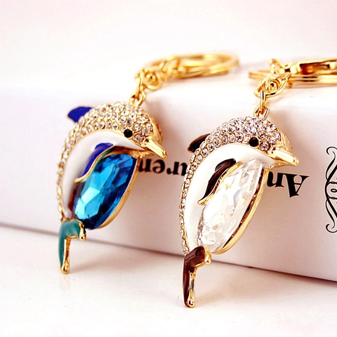 Cute Dolphin Keychain Sparkling Rhinestone Faceted Crystal Zinc Alloy Bag Pendant Gold Plated Animal Gift For Women