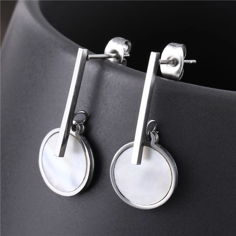 Geometric Round Shell Drop Earrings Titanium Steel Mother Of Artificial Pearl Inlay Elegant Jewelry For Women