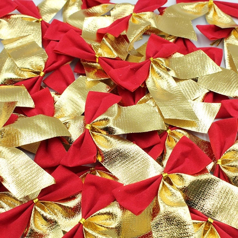 Christmas Bows Ornaments Flocking Fabric Gold Foil Xmas Tree Hanging Ornaments DIY Gift Packing Decor Festive Party