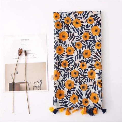 Boho Floral Print Scarf Shawl With Tassels Cotton Linen Feel Polyester Retro Paisley Sun Protection Beach Wrap For Women