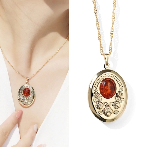 Vintage Alloy Oval Rose Locket Pendant Necklace Electroplated French Style Agate Turquoise Gemstone Memory Jewelry For Women