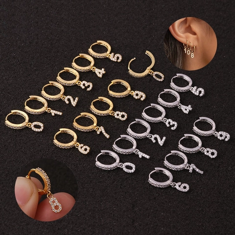 Knorpel Piercing Creolen Kupfer Zirkon Numerisches Design Anhänger Edelstahl Ohrringpfosten Glänzender Strass