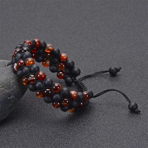 Handgeweven Kralenarmband Drielaags Gestreepte Agaat Matzwarte Steen Verstelbaar Etnische Sieraden Unisex