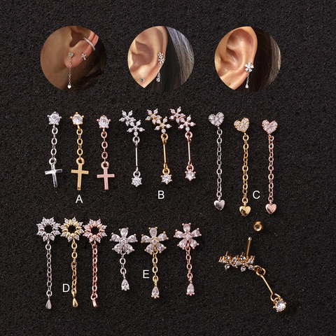 Roestvrijstalen Zirkoon Kraakbeen Oorbellen Piercing Studs Bloem Ster Hanger Koreaanse Stijl Voor Vrouwen Schroef