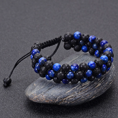 Bracelet Tressé Multi Rangs Avec Perles En Lapis Lazuli Naturel Et Pierre De Lave Noire Cordon Réglable Bijoux Naturels
