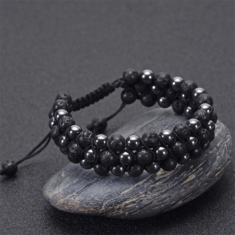 Lava Stone Hematite Beaded Bracelet Adjustable Woven Rope Essential Oil Diffuser Fashion Jewelry Unisex