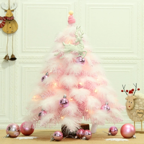 Mini Rosa Weihnachtsbaum Tischdeko Mit Feder Kugeln Led Lichter Holzbasis Künstliches Kleines Festliches Ornament