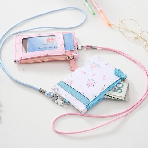 Floral PU Leather ID Badge Card Holder With Lanyard Zipper Coin Pocket For Students Office Workers Cartoon Pattern Wallet