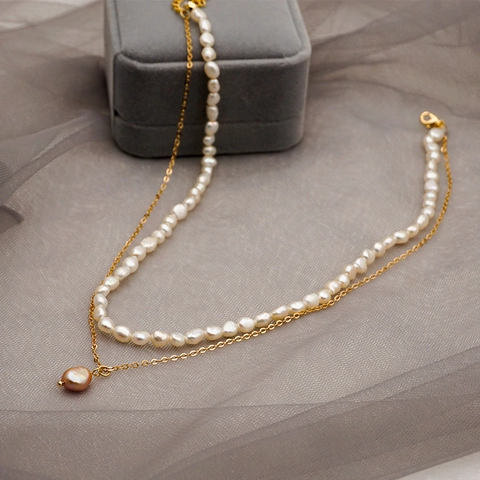 Collana E Bracciale A Strati Süßwasserperle Barocche Acqua Dolce Catena Oro Acciaio Inossidabile Ciondolo Perla de Agua Dulce Viola Retro Elegante Donna