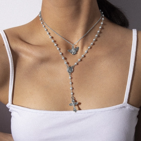 Vintage Alloy Artificial Pearl Double Layer Necklace For Women Angel Cross Pendant Holy Medal Religious Jewelry Gifts